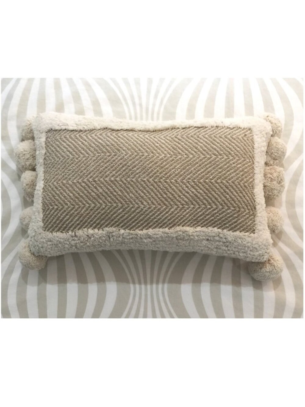 Fun Pillow with PomPom. NEW. Textured trim. Natural White & Taupe. NEW